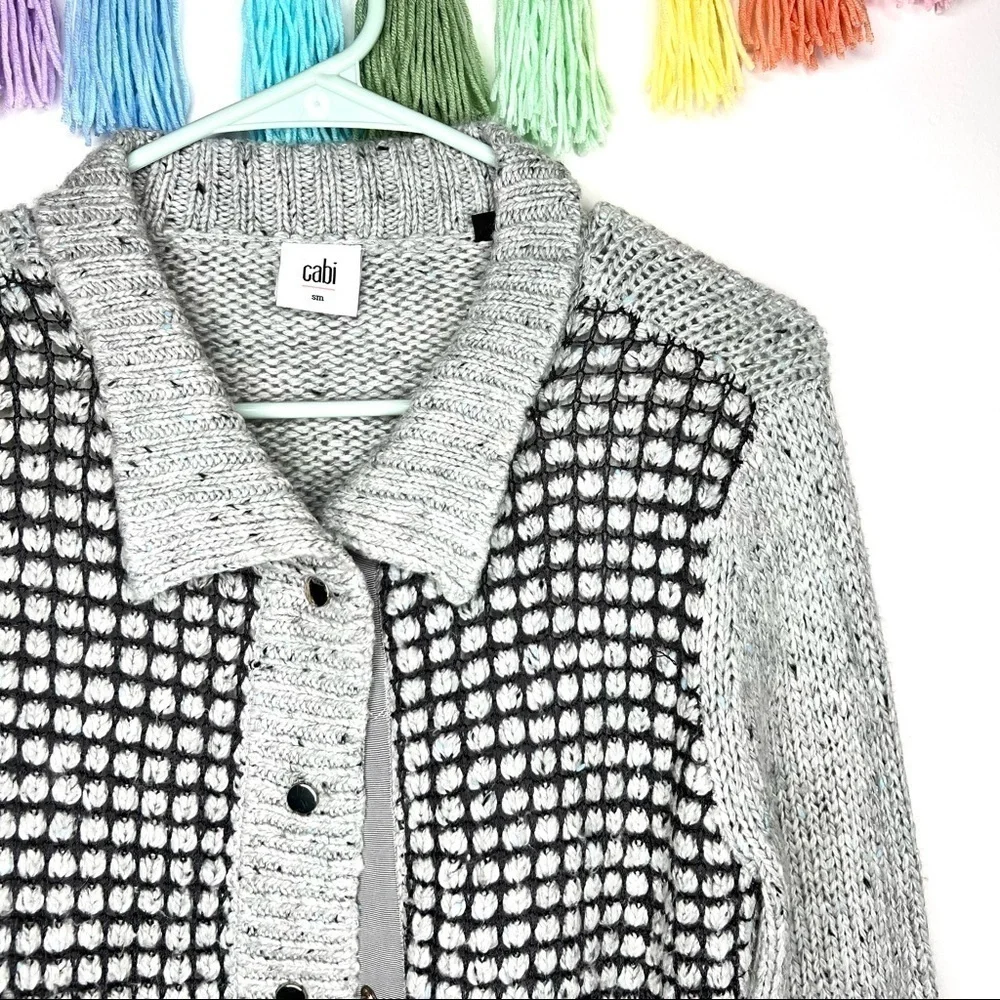 Cabi 3006 Gray Square Stich Window Pane Mock Neck Snap Cardigan Sweater Size S